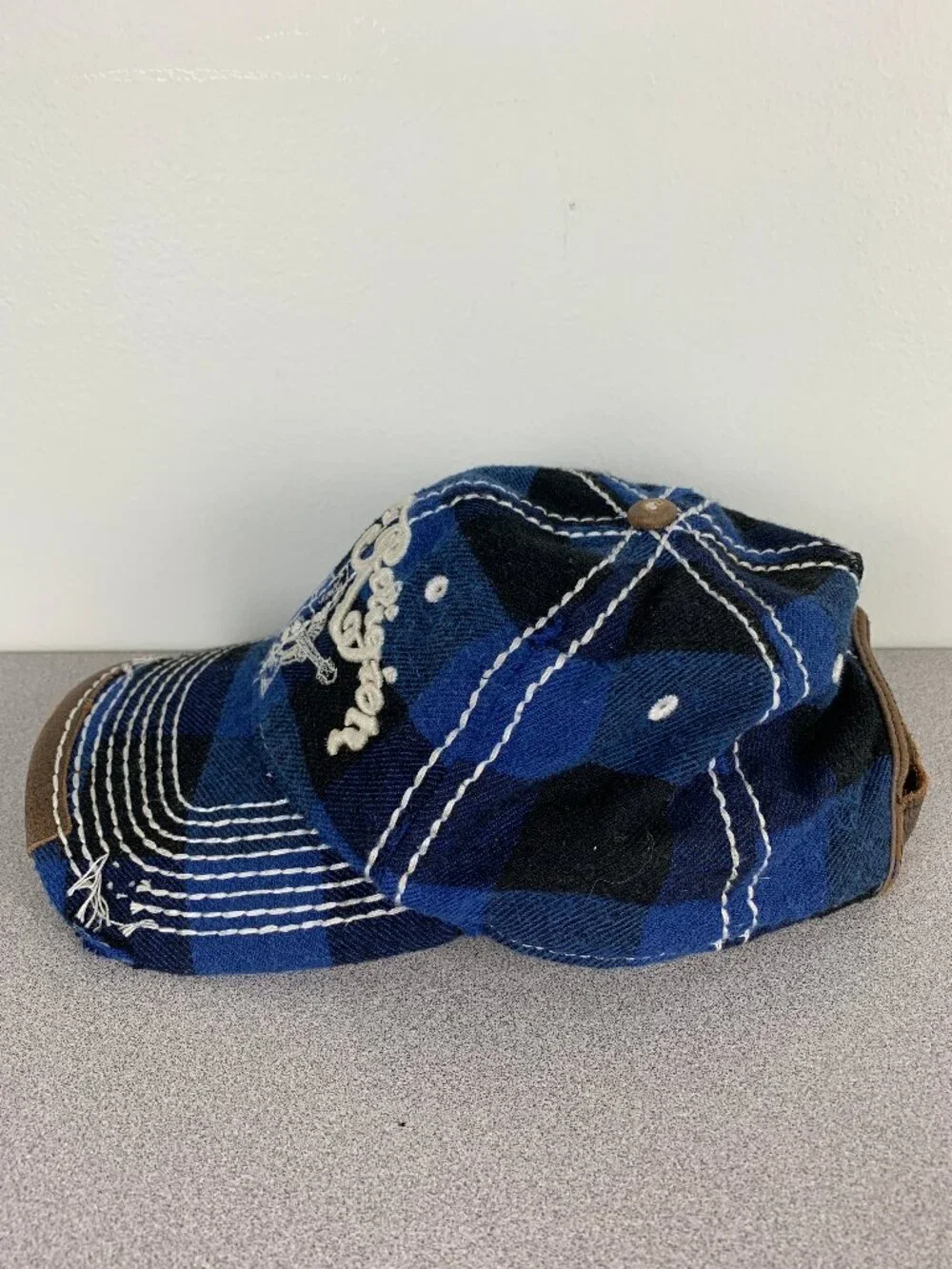 True Religion Distressed Blue Plaid Hat